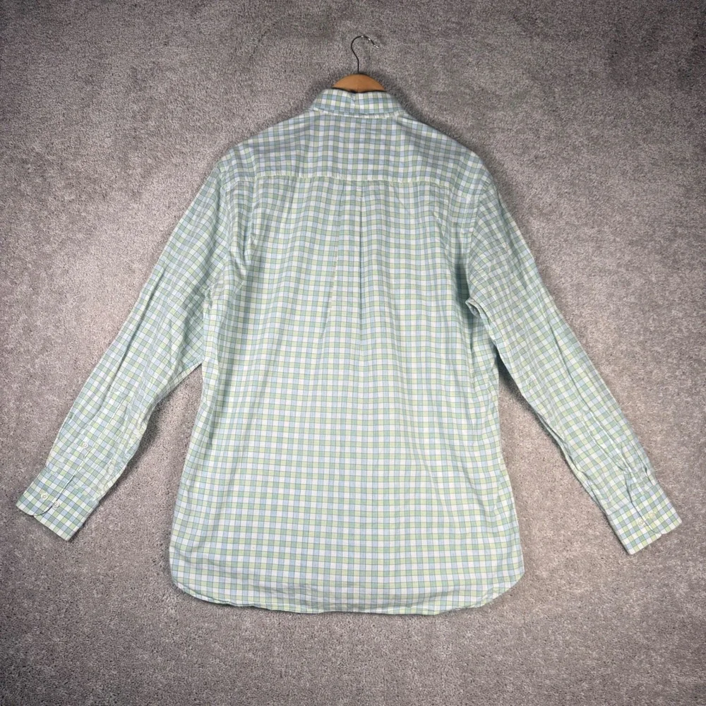 Peter Millar Men's Large Green Blue Gingham Plaid Button Down Shirt Long Sleeve
